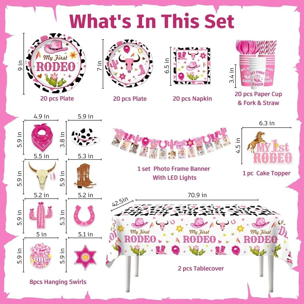 Yingoto 131Pcs My First Rodeo Decorations Girl, Rodeo Plates, 1st Rodeo Birthday